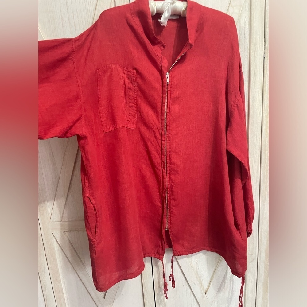 Please the‎ Brand Made in Italy Red Linen Full Zipper Shirt Jacket Size 1X